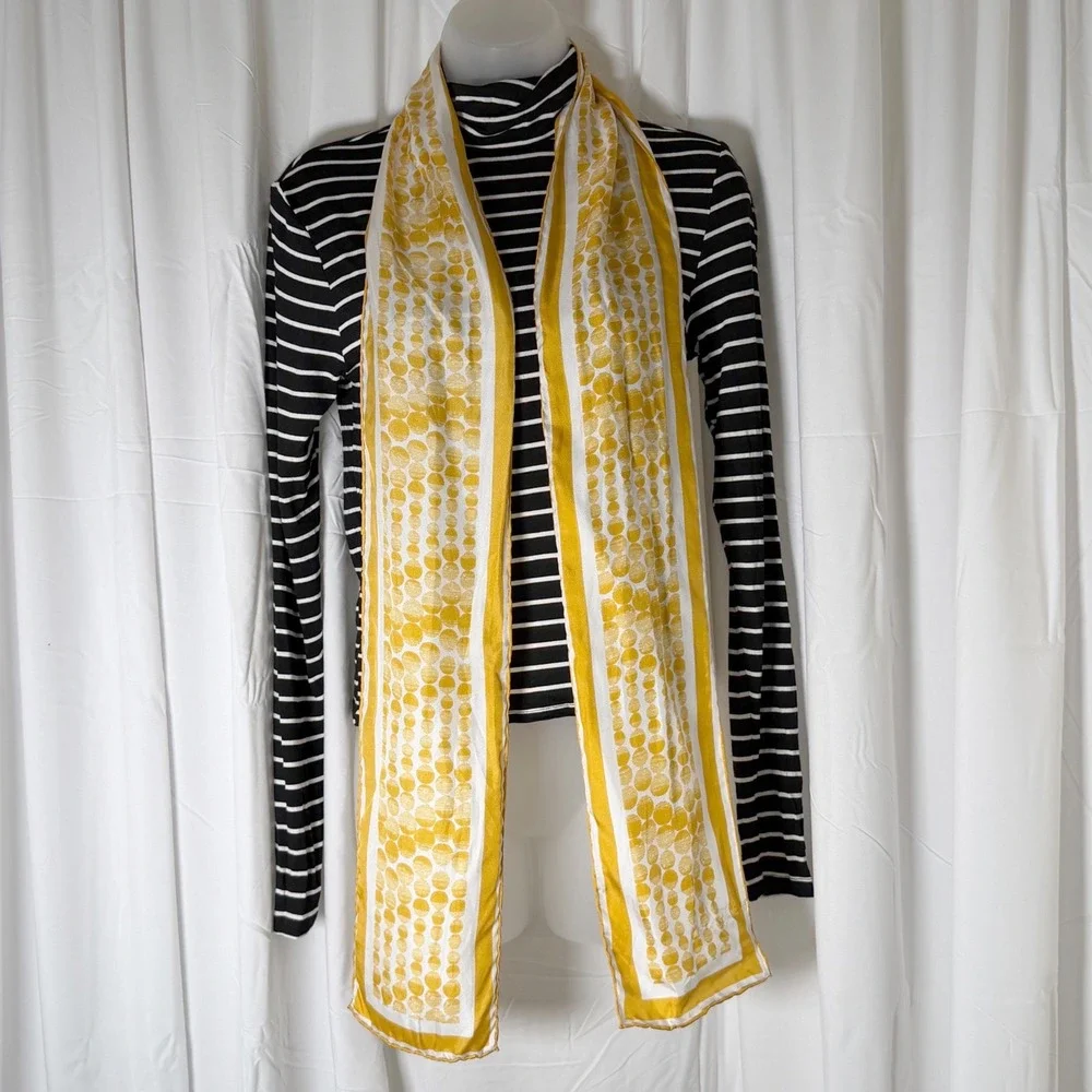 The Limited Silk Scarf Yellow White Polka Dot Geo Oblong Striped Border 114-02